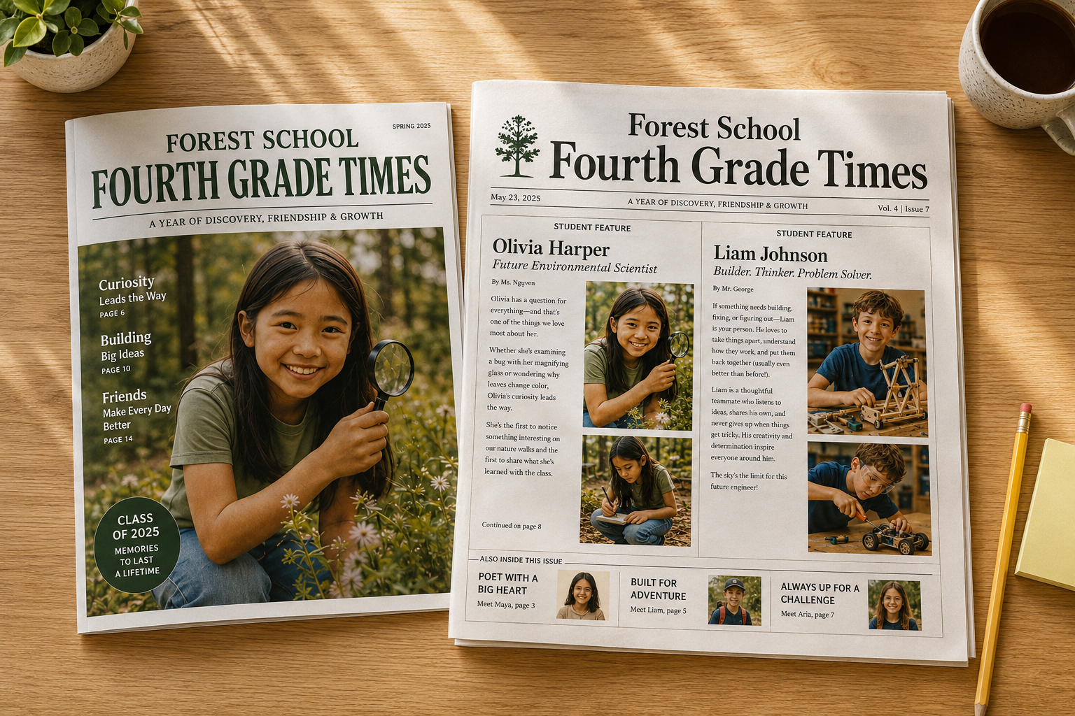 A stack of two printed classroom publications — a tabloid newspaper and a saddle-stitched magazine.