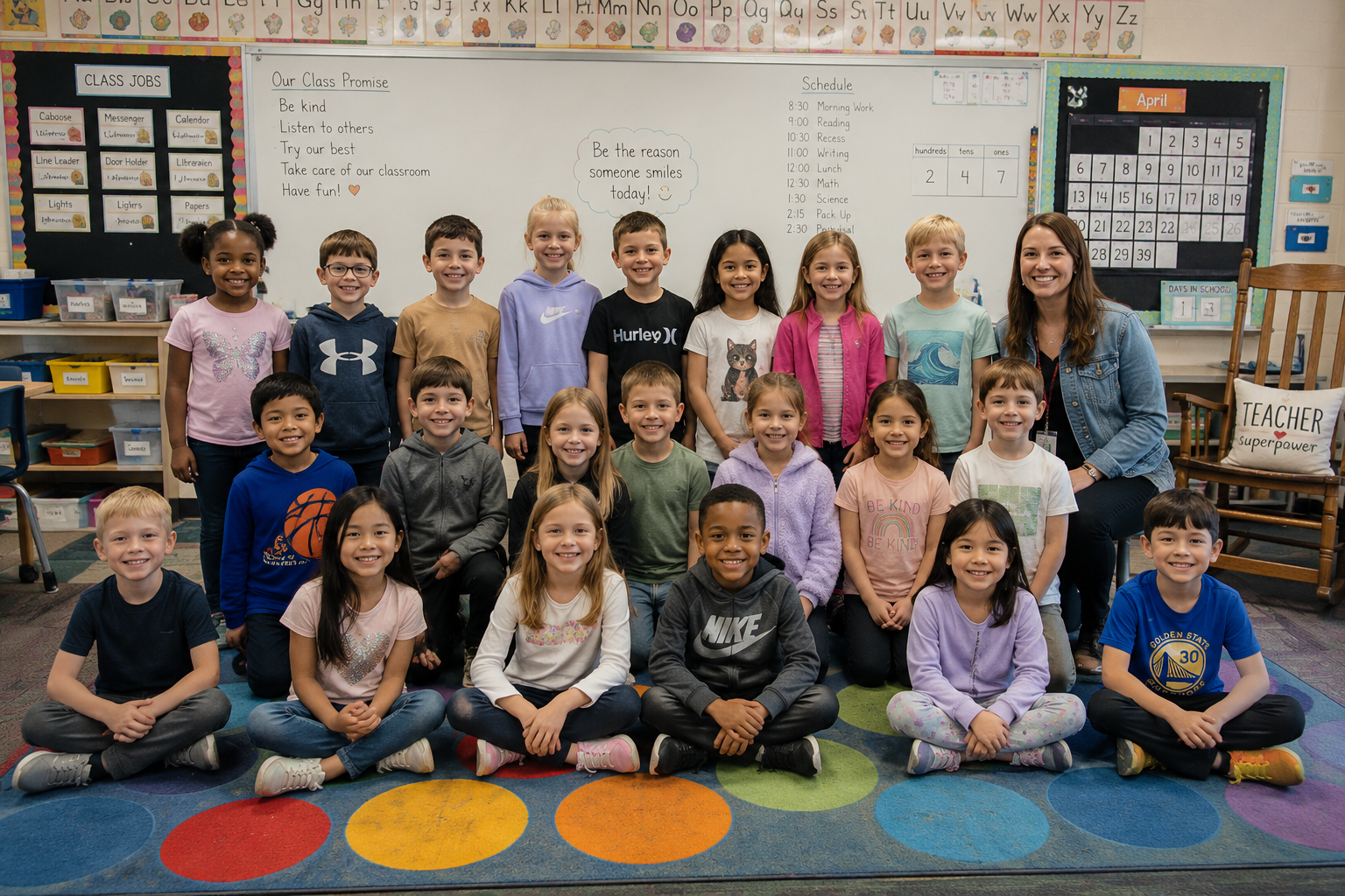 A class portrait of students and their teacher gathered around classroom tables, smiling at the camera.