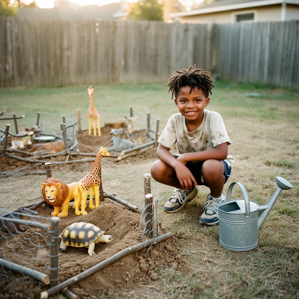 Jackson, age 9, crouched proudly beside a homemade backyard wildlife zoo with cardboard signs and toy animals.