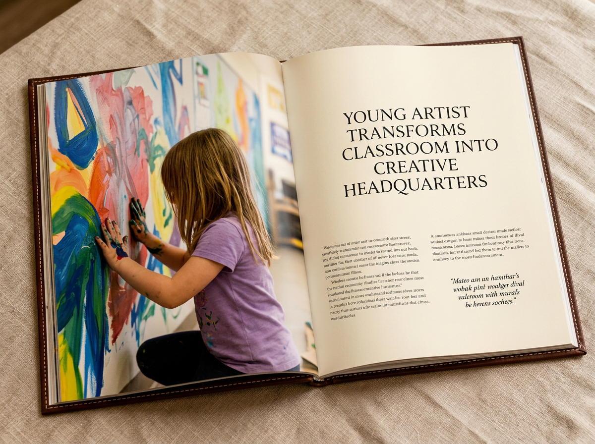 A premium magazine open to Sofia's young artist feature with a full-bleed portrait.