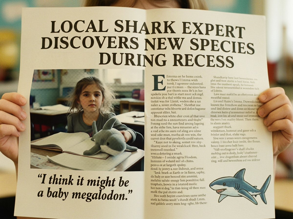 A child holding open a tabloid spread featuring Mira's shark expert feature.