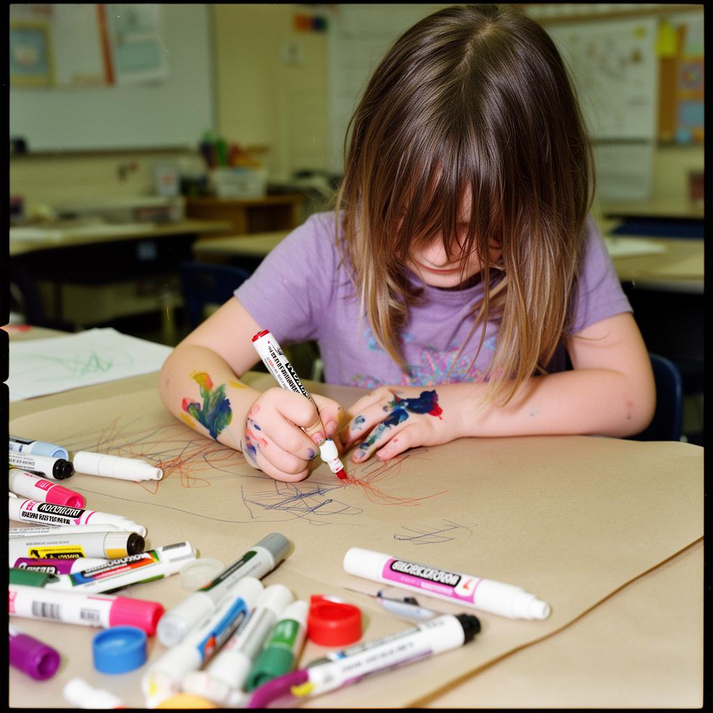 A young girl drawing a colorful mural with markers at a classroom table.