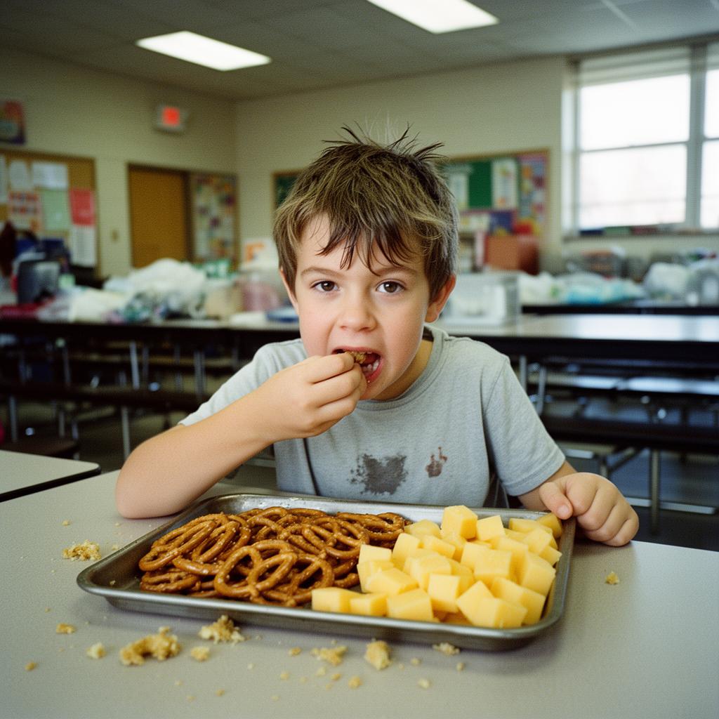 A young boy at a school lunch table proudly presenting plates of pretzels and cheese.