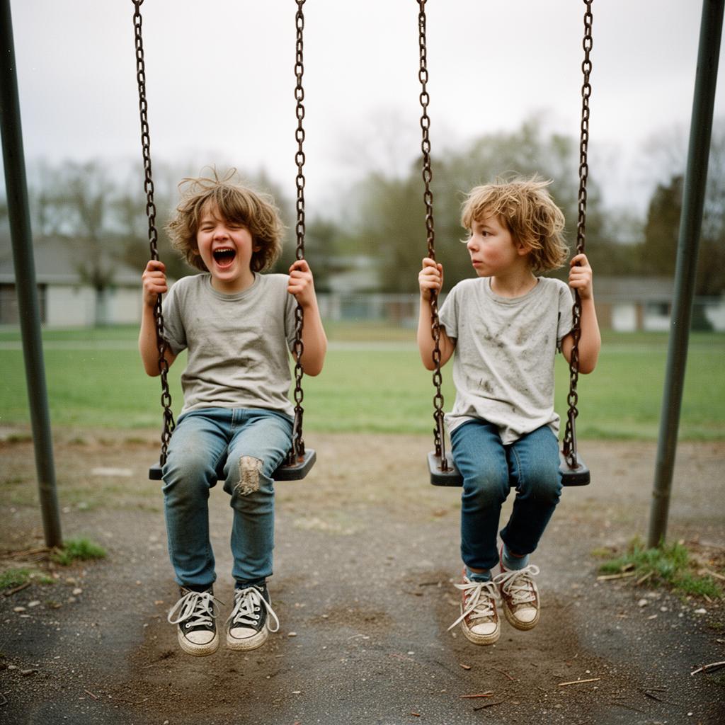 Two young kids shaking hands at a playground swing set.