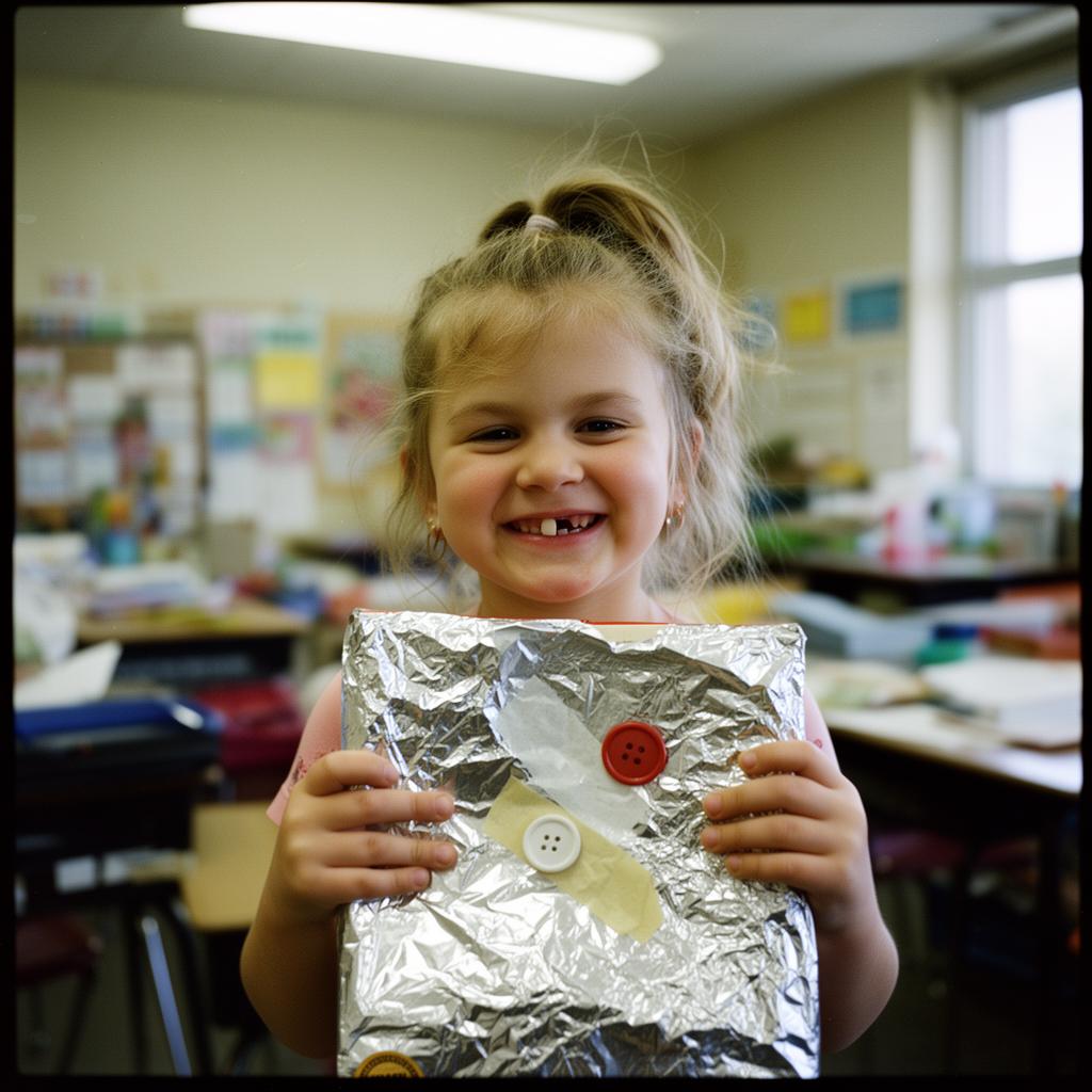 A young girl holding up a cereal box covered in foil and colorful buttons.