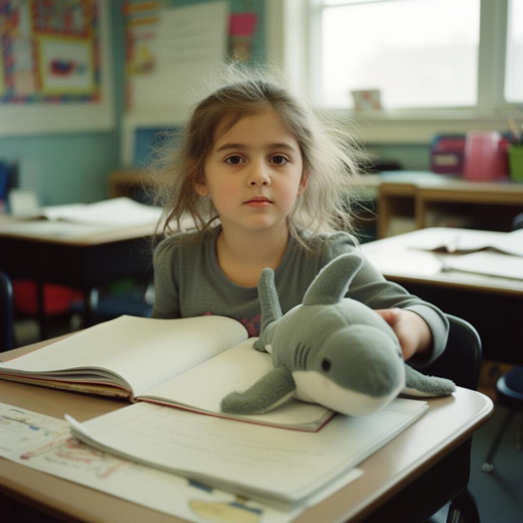 A young girl in a classroom holding a stuffed shark and a pencil.
