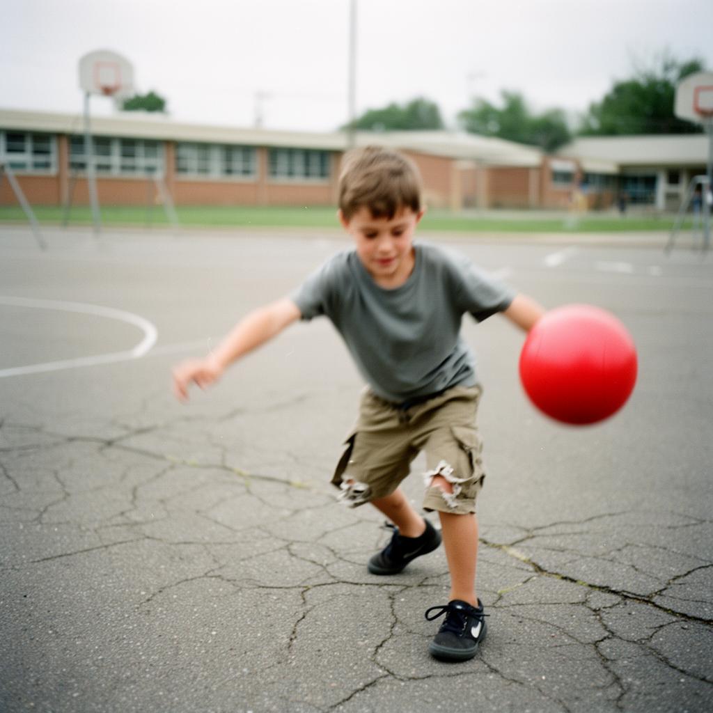 A young boy diving to block a red kickball on a school blacktop.